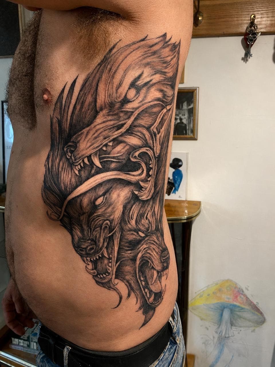 Fine line tattoo session detail